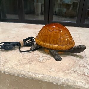 Vintage 8" Turtle Lamp Amber Tiffany Style Glass Brass Base Tortoise Night Light